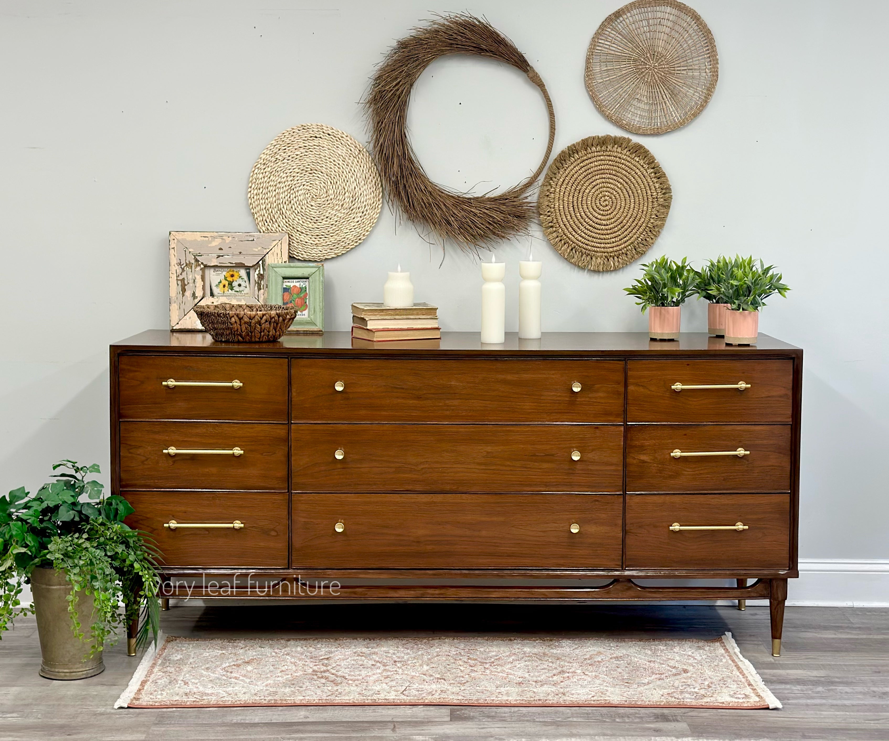 MCM Walnut Nine Drawer Dresser Ivory Leaf MCM Walnut Nine Drawer Dresser Ivory Leaf