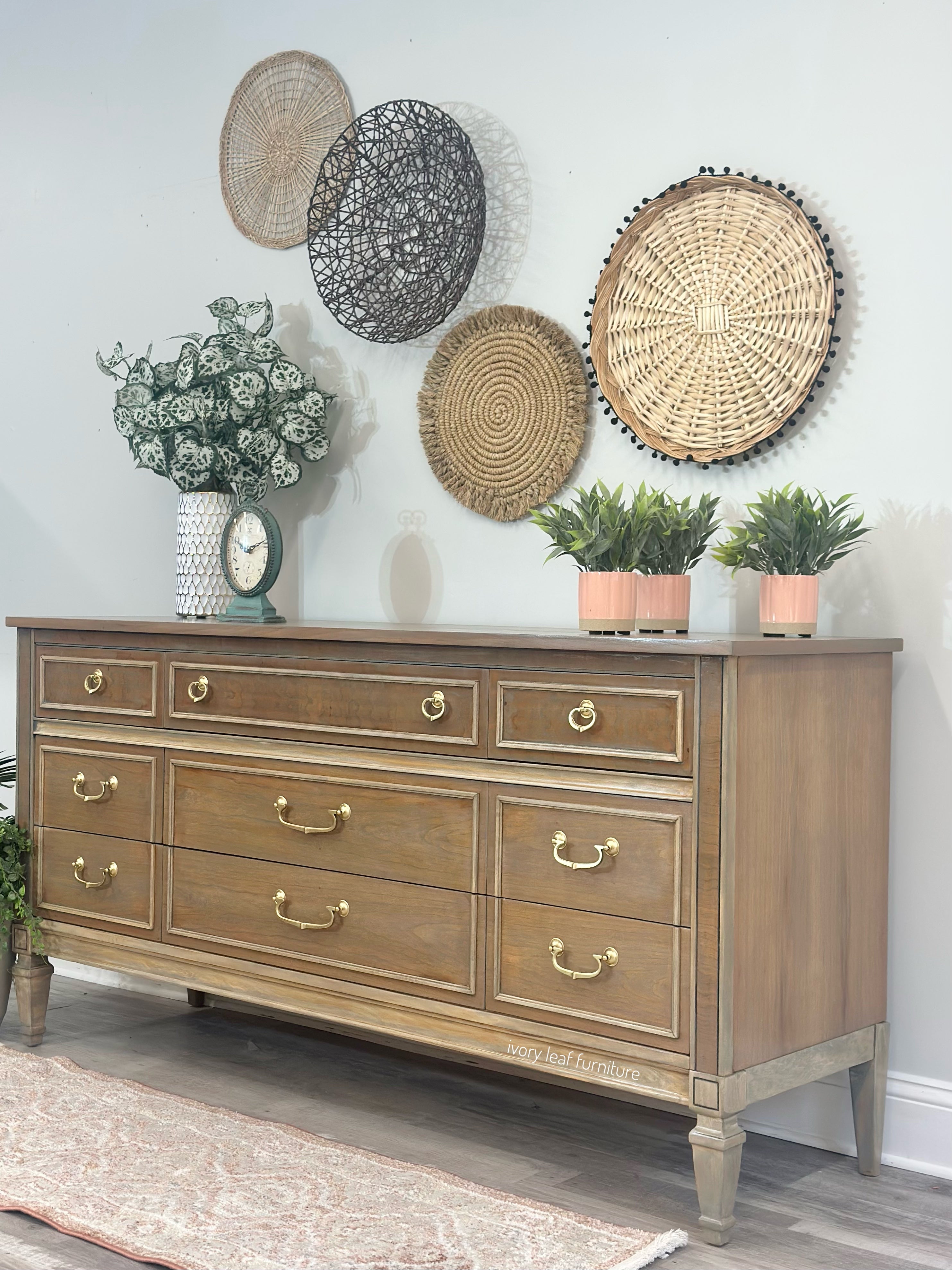 United Furniture Company MCM Walnut 9 Drawer Dresser – Ivory Leaf United Furniture Company MCM Walnut 9 Drawer Dresser – Ivory Leaf