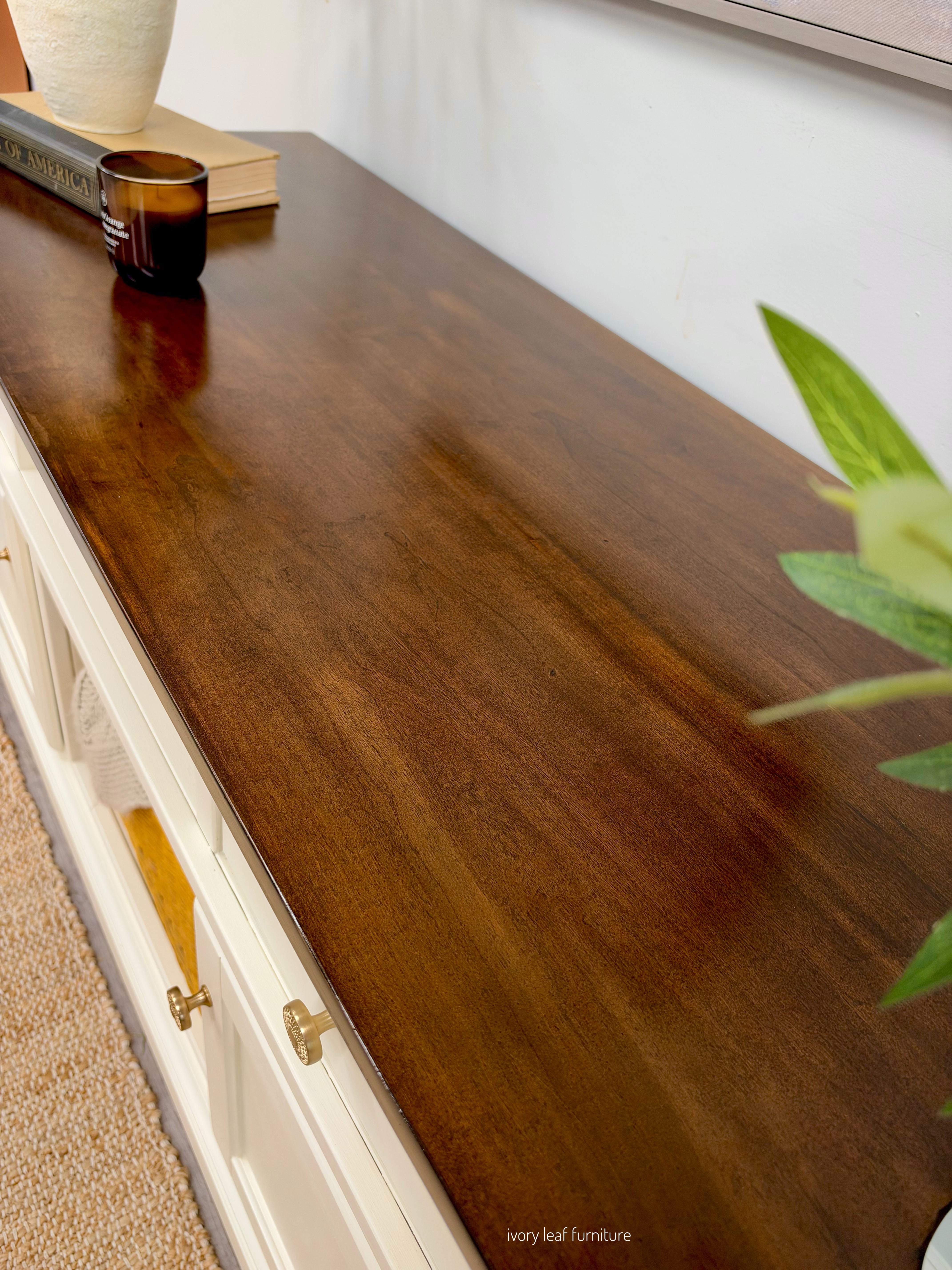 Refinished Media Console / Buffet / Coffee Bar – Raw Silk & Dark Walnut