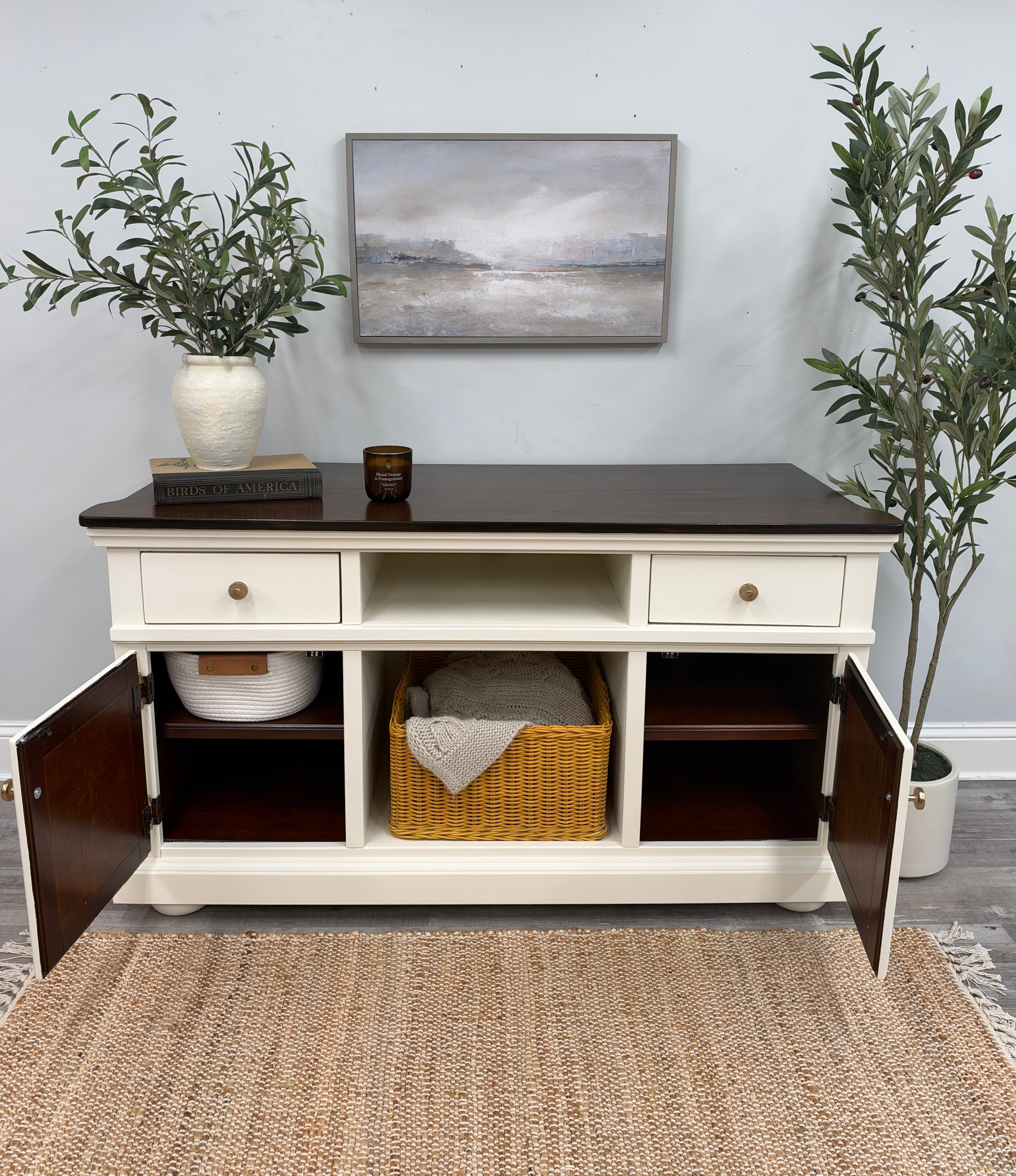 Refinished Media Console / Buffet / Coffee Bar – Raw Silk & Dark Walnut