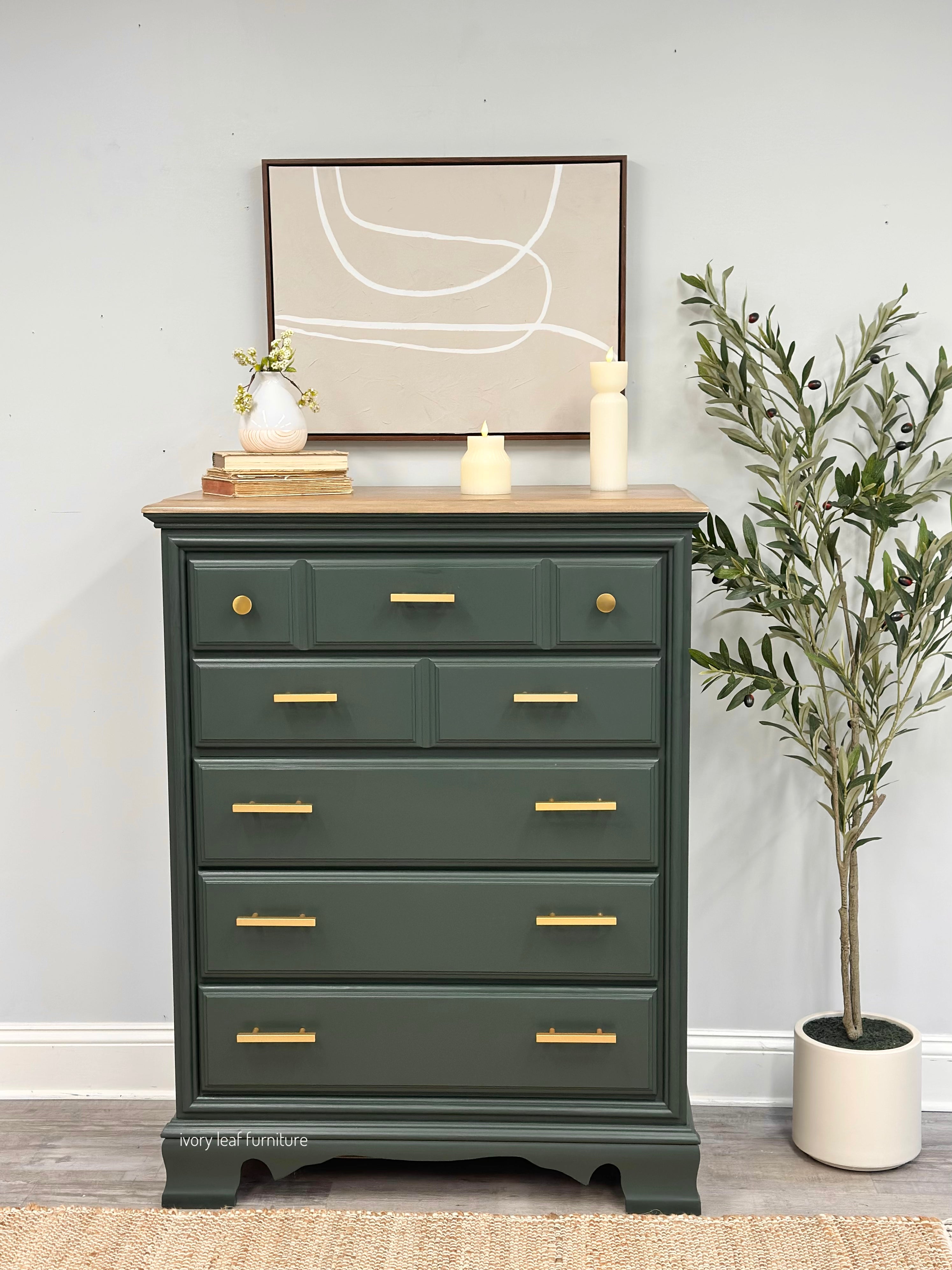 5 Drawer Deep Green Tall Dresser
