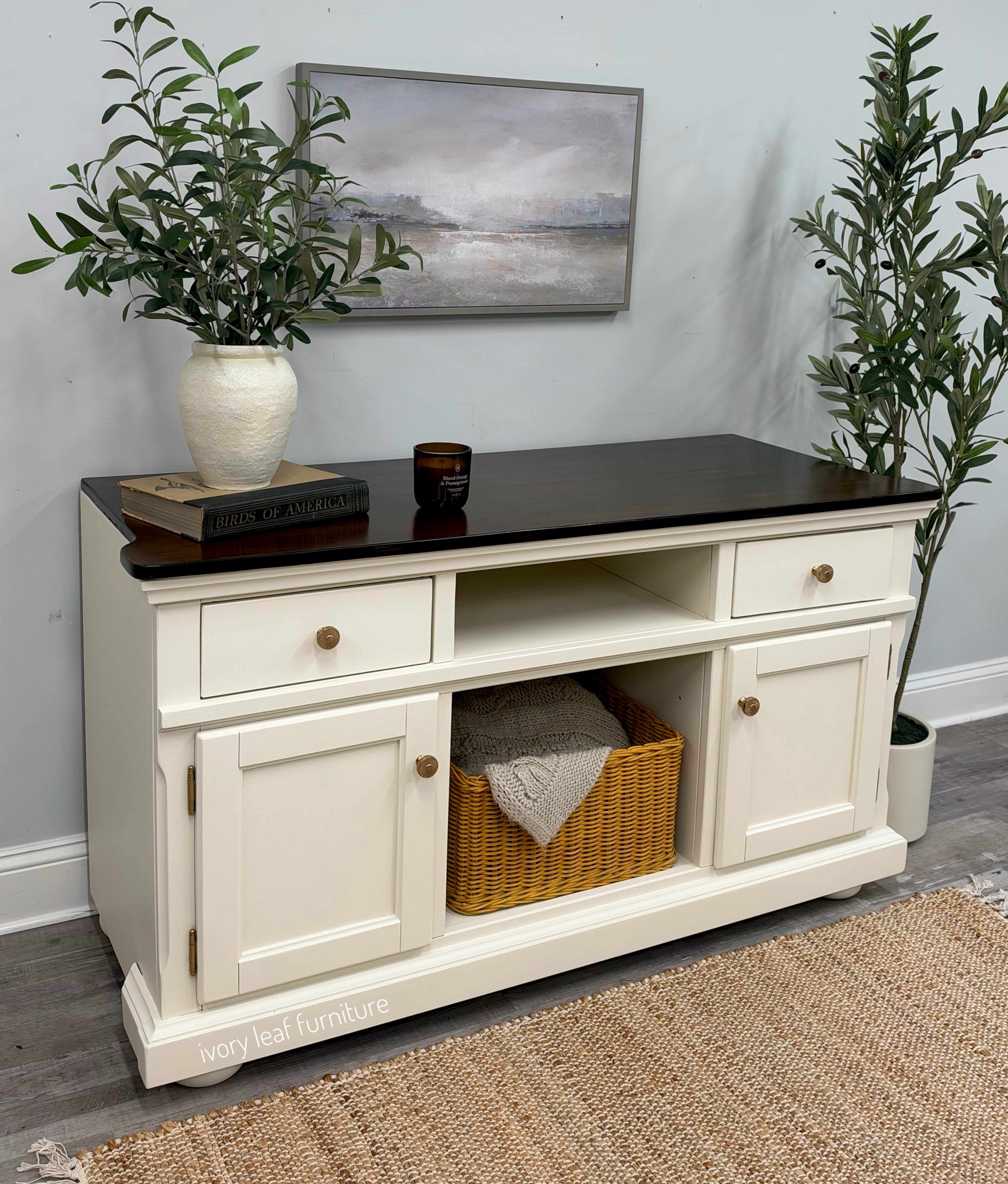 Refinished Media Console / Buffet / Coffee Bar – Raw Silk & Dark Walnut