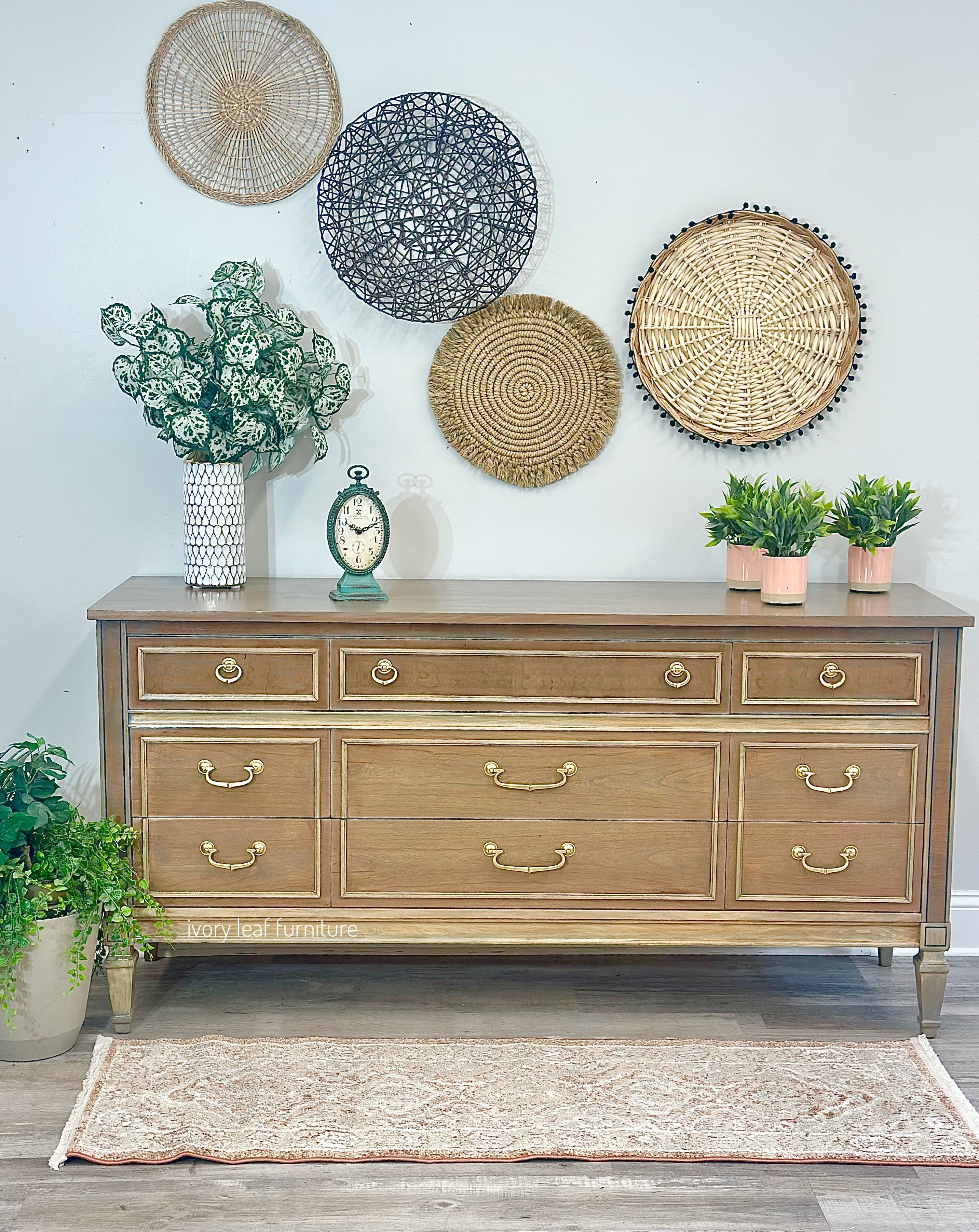 United Furniture Company MCM Walnut 9 Drawer Dresser Ivory Leaf United Furniture Company MCM Walnut 9 Drawer Dresser Ivory Leaf