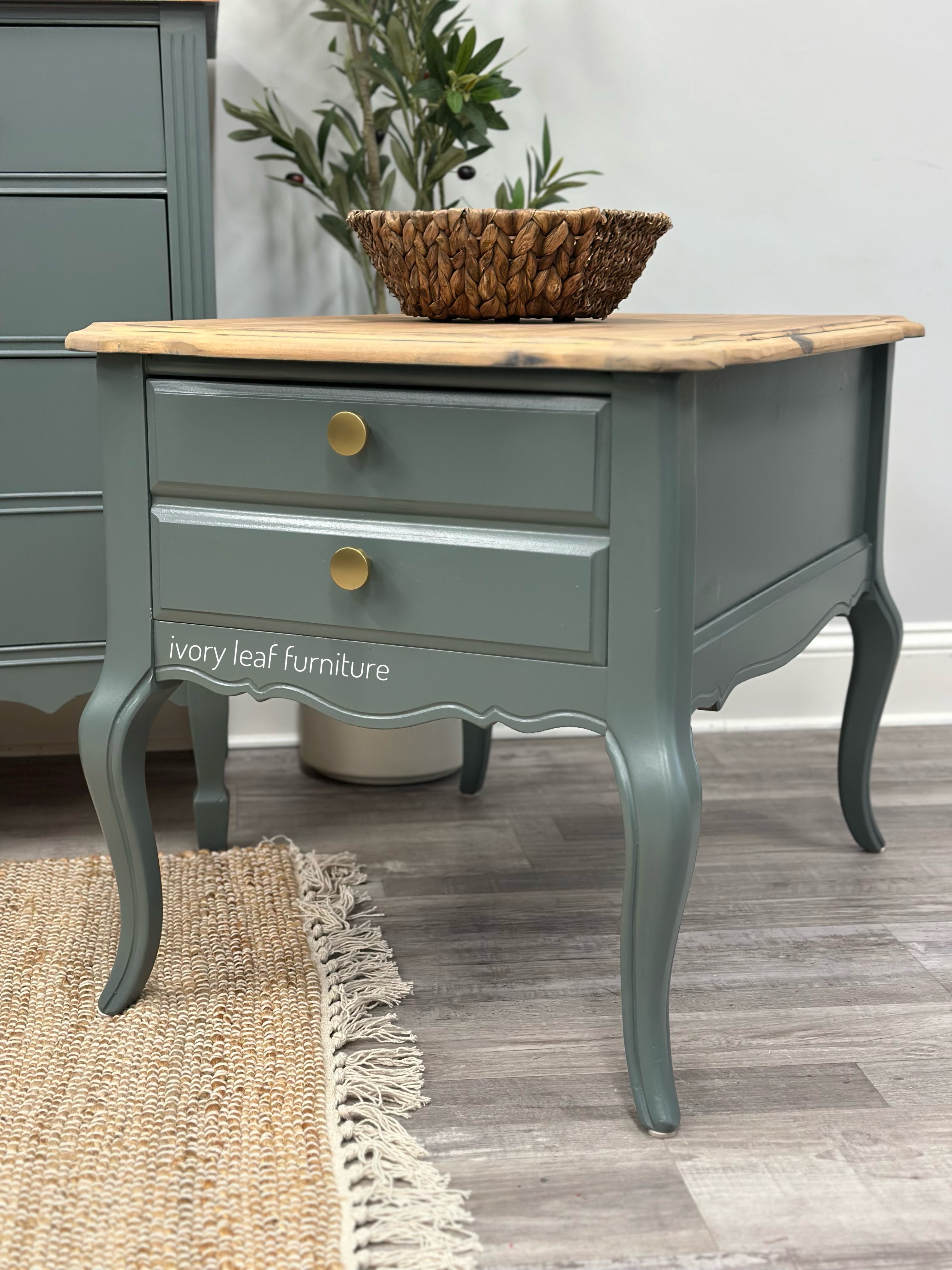 Solid Wood Sage Green Nightstands – Vintage Bedside Table Pair