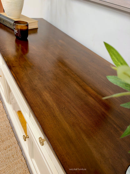 Refinished Media Console / Buffet / Coffee Bar – Raw Silk & Dark Walnut