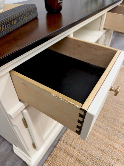 Refinished Media Console / Buffet / Coffee Bar – Raw Silk & Dark Walnut