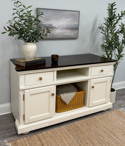 Refinished Media Console / Buffet / Coffee Bar – Raw Silk & Dark Walnut