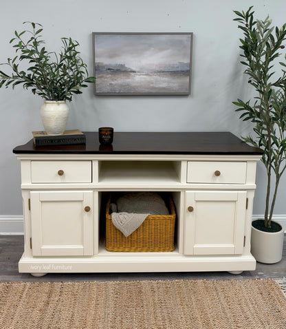Refinished Media Console / Buffet / Coffee Bar – Raw Silk & Dark Walnut